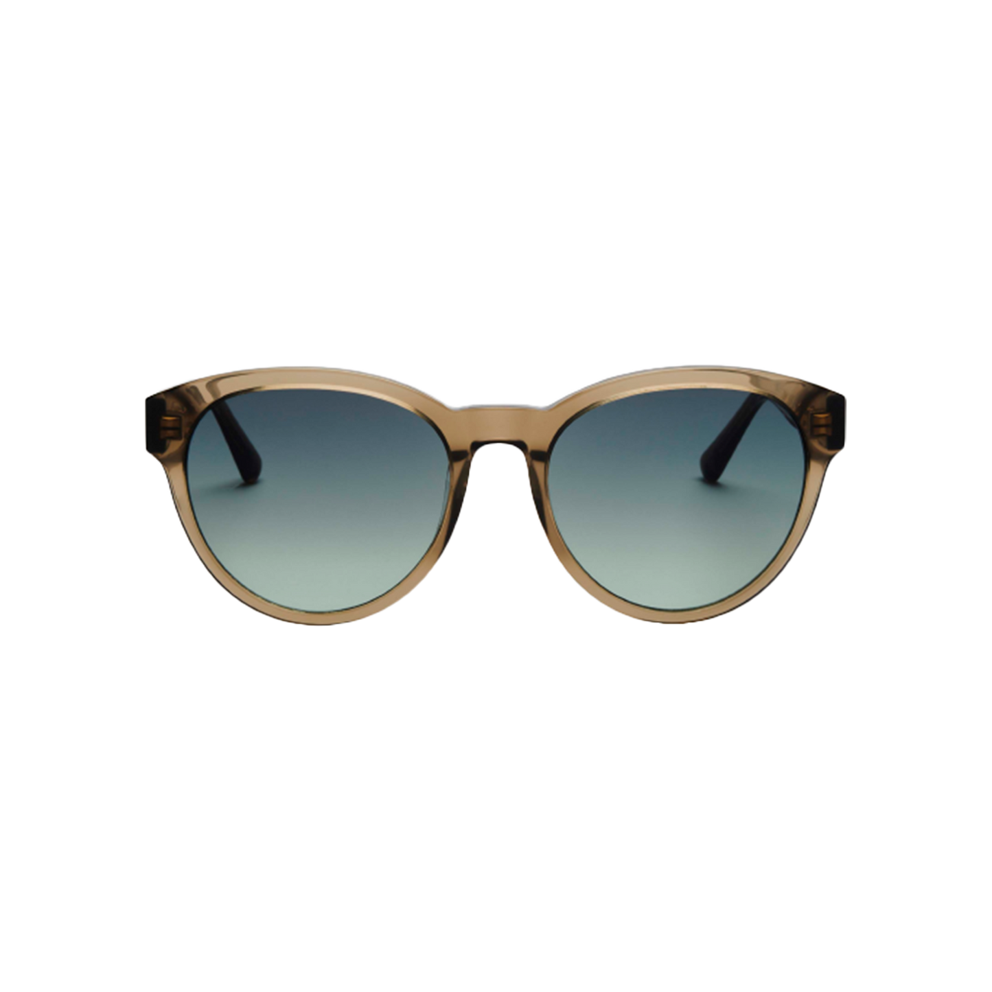 Unisex Rita sunglasses by Messyweekend featuring a brown translucent acetate frame and dark gradient lenses offer UV400 protection. Pictured front-on against a white background, these stylish round sunglasses seamlessly blend fashion with practicality.