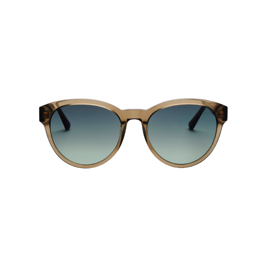 Unisex Rita sunglasses by Messyweekend featuring a brown translucent acetate frame and dark gradient lenses offer UV400 protection. Pictured front-on against a white background, these stylish round sunglasses seamlessly blend fashion with practicality.