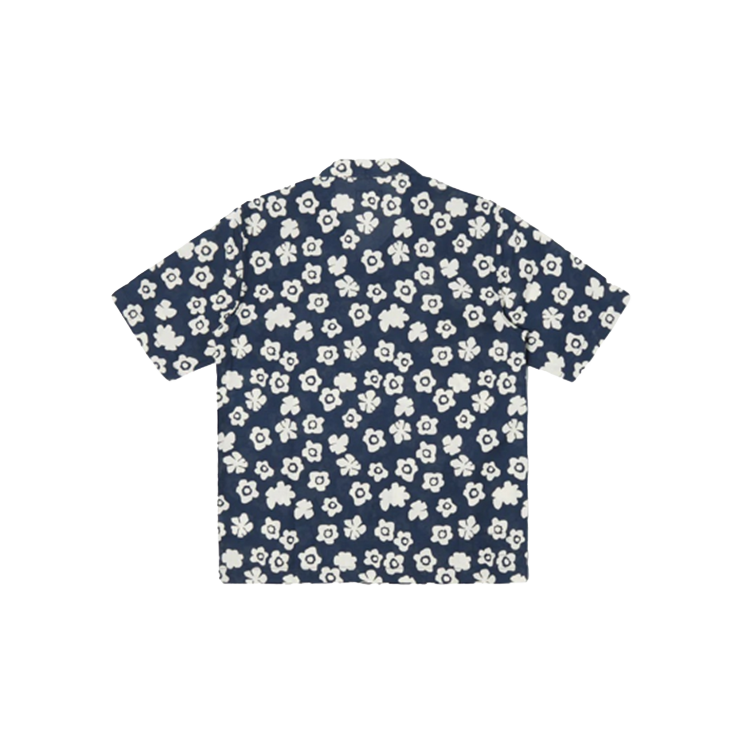 Road Shirt, Indigo Flower by Universal Works, displayed from the back, features a blue short-sleeve design with a white floral pattern.