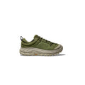 The Hoka U Tor Ultra Lo in Forest Floor features green hiking shoes with a thick, textured sole and GORE-TEX bootie, complemented by a black pull tab and green laces. Ideal for adventure enthusiasts.