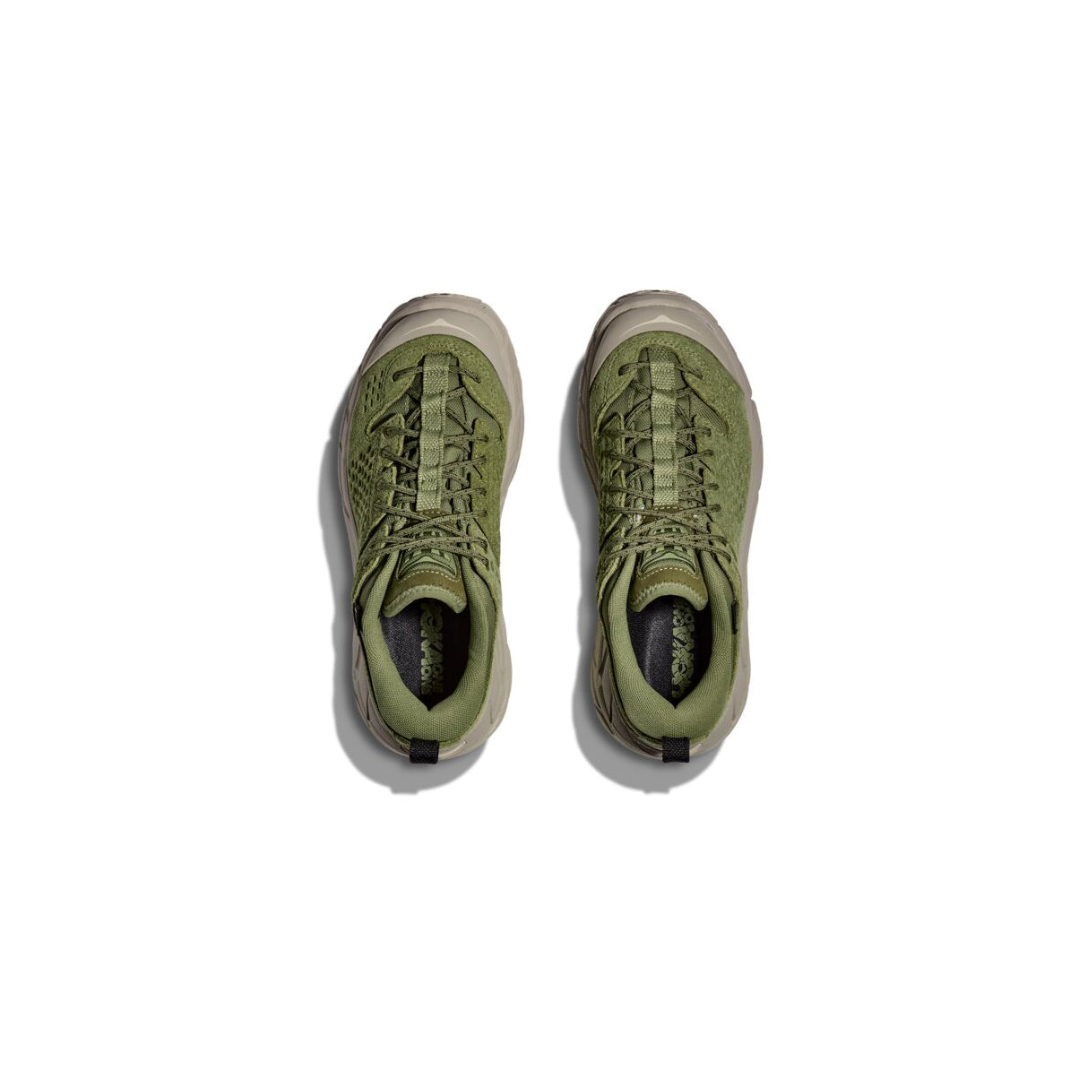 Top view of Hoka's U Tor Ultra Lo in Forest Floor, featuring textured design and lace-up closure with beige soles, ideal for lifestyle enthusiasts.