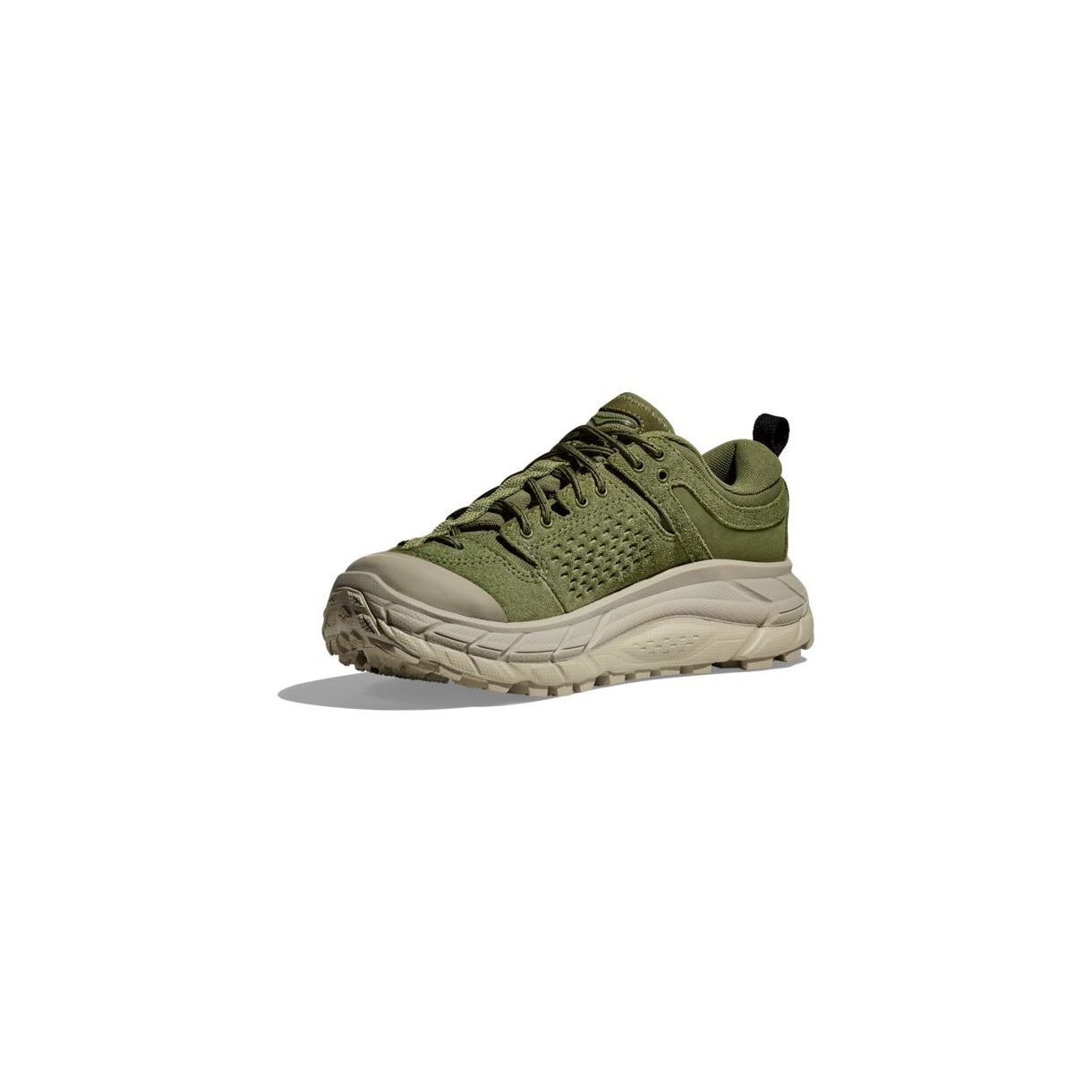 The U Tor Ultra Lo sneaker by Hoka in Forest Floor features a thick beige sole and GORE-TEX bootie for weather resistance, suitable for casual or athletic wear and a stylish lifestyle, showcased on a white background.