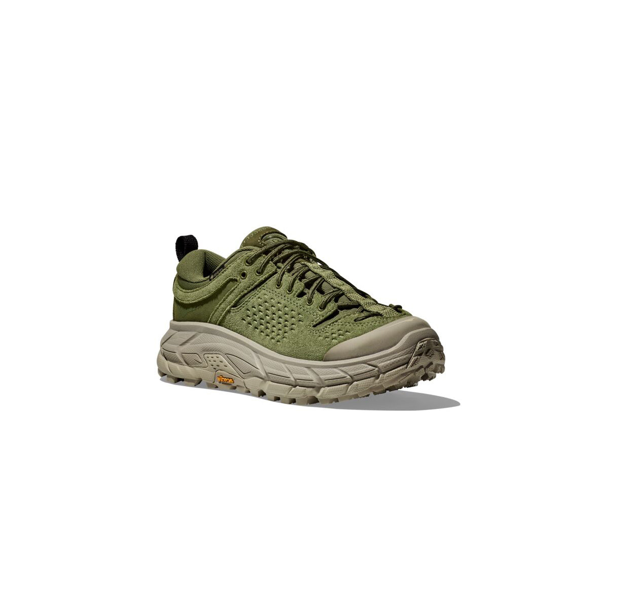 The Hoka U Tor Ultra Lo in Forest Floor features an olive green design with a thick, textured sole, GORE-TEX bootie, and a black heel pull tab, displayed on a plain white background.