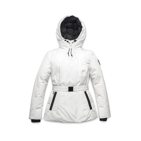 The Shaw Women's Hip Length Jacket by Nobis is an elegant white winter coat featuring black zippers and a belt, displayed on a plain background. This ideal piece combines style and warmth for the chilly season.