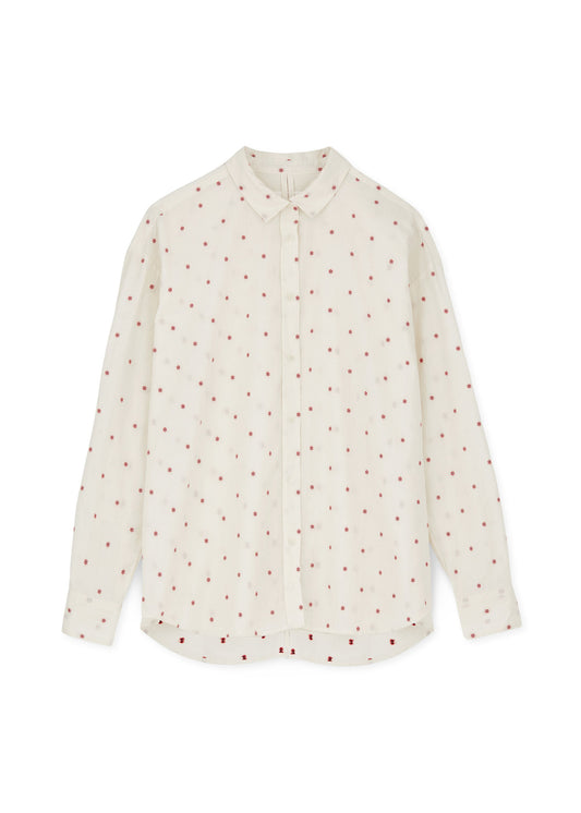 The Shirt Flore, Mix Creme by Aiayu is a cream-colored, long-sleeve button-up shirt featuring a spread collar and a red polka dot pattern, crafted from organic cotton for an eco-friendly twist.