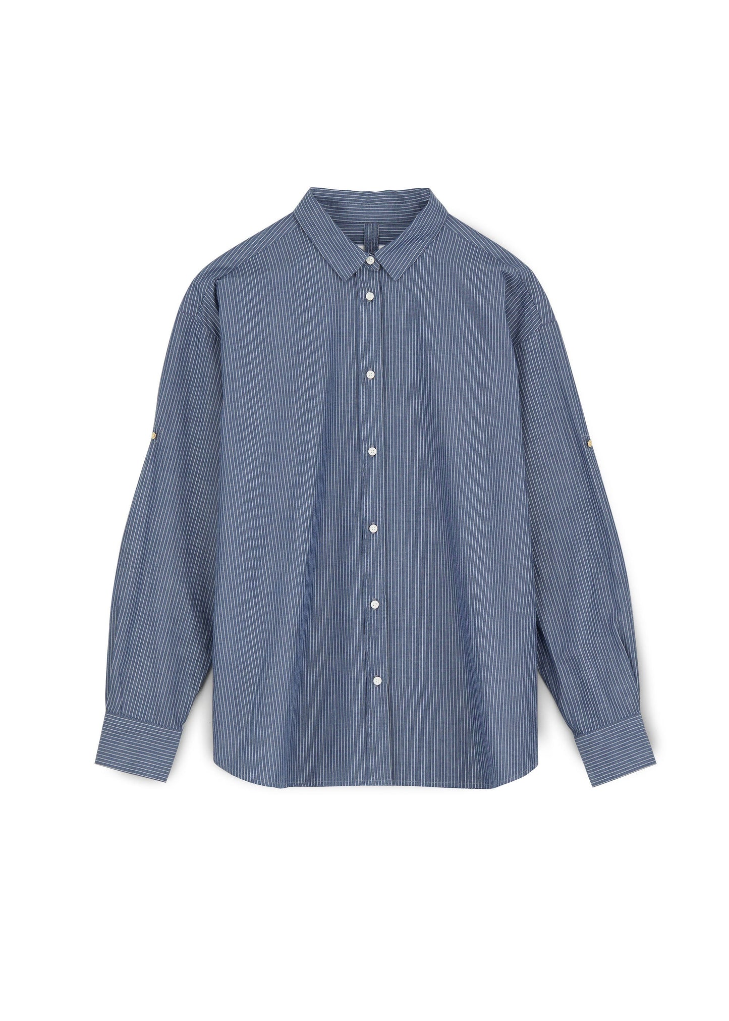 The Letto Shirt by Aiayu, featuring a blue and white striped design with long sleeves, a button-up front, collar, and cuffs, is crafted from premium Chetna Organic Cotton and presented on a white background.