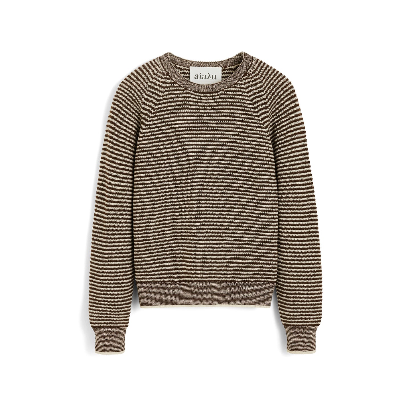 The Suki Striped Sweater by Aiayu features brown and cream stripes, a crew neck, and ribbed cuffs, crafted from luxurious llama wool for a perfectly relaxed feel.