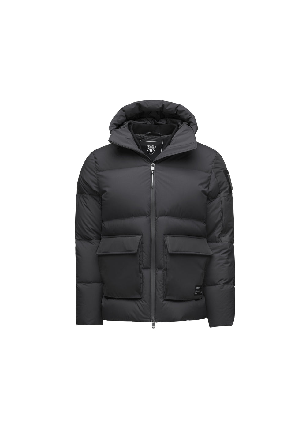 Introducing the Supra Men's Performance Puffer by Nobis, a black jacket designed with a hood and front zipper. It features two large front pockets and heat-sealing ribbed cuffs, made from a weather-resistant shell.