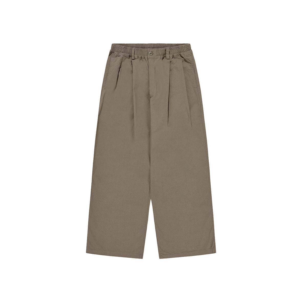 A pair of olive green, wide-leg "Two Tuck Wide Half Pants" from Kappy, featuring an elastic waistband and pleats, laid flat on a white background.