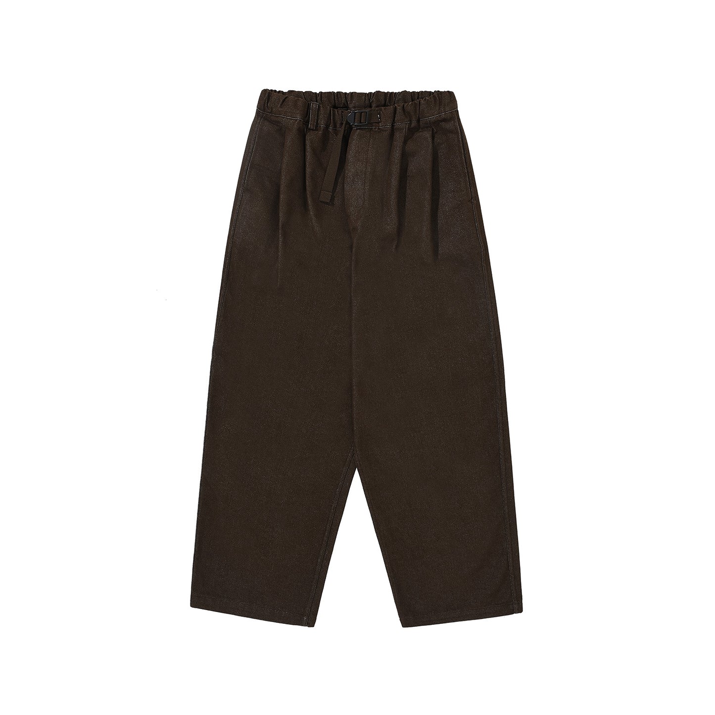 The Kappy Two Tuck Wide Denim Pants are dark brown, unisex, and crafted from 100% cotton. They feature an elastic waistband with a black belt and come in one size to ensure comfort and style for everyone.