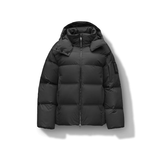 Una Women's Performance Puffer by Nobis, a black hooded jacket with a down-filled hood, shown on white.