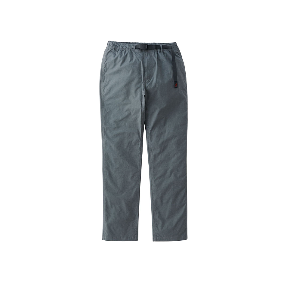 The Gramicci Weather NN-Pant in Charcoal features a straight-leg design with an elastic waistband and a black adjustable belt, isolated on a white background.