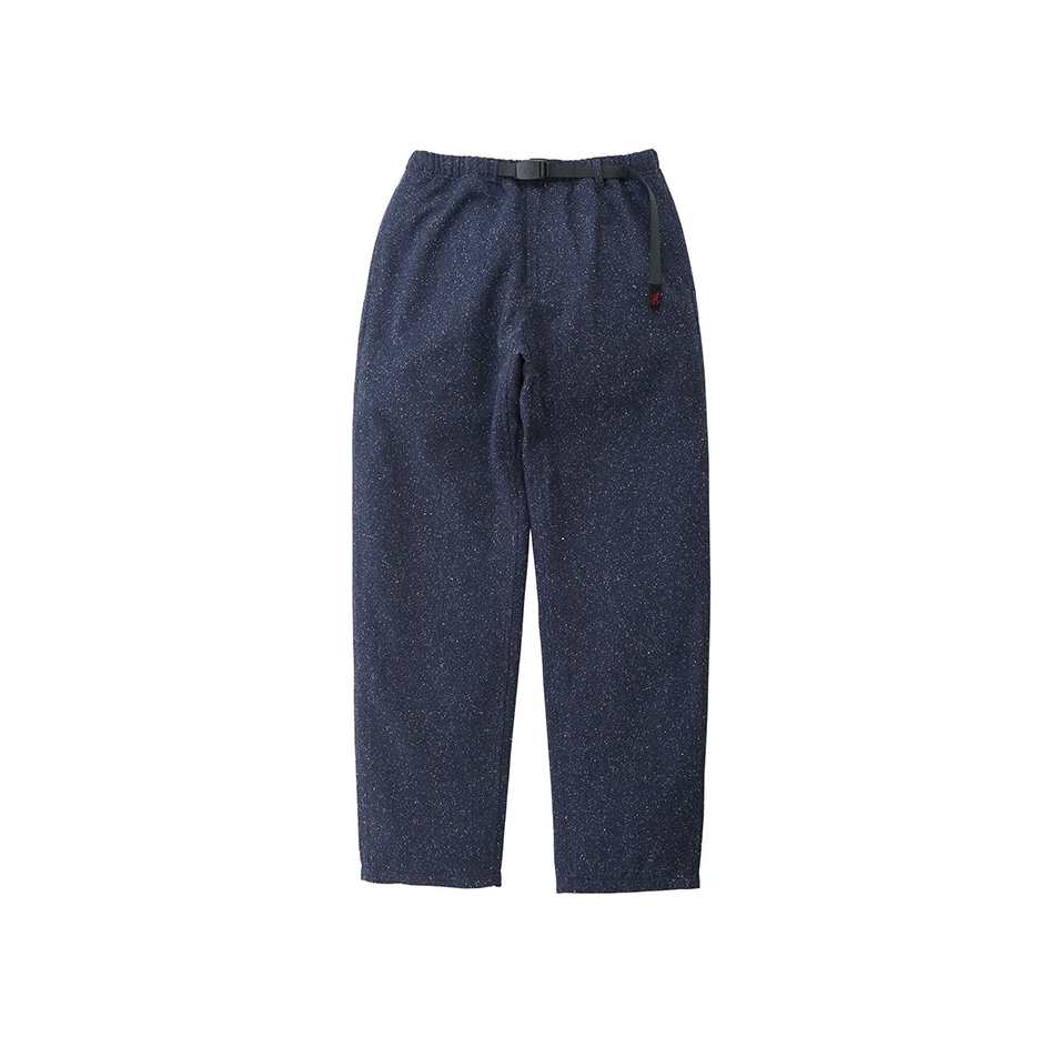 Navy Wool Gramicci Pant by Gramicci features a relaxed fit with adjustable black belt, displayed flat on a white background.