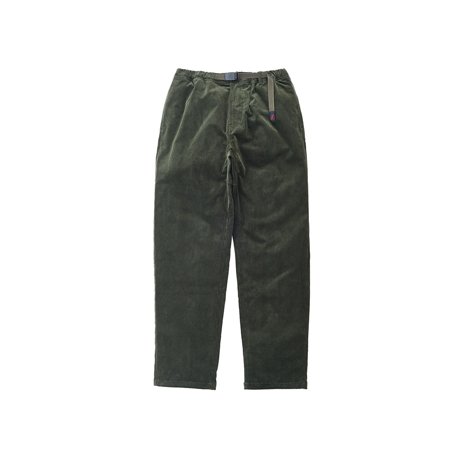 Green Corduroy Gramicci Pants by Gramicci feature a relaxed fit with stretch corduroy fabric, an elastic waistband, and a sleek black belt, displayed on a white background.