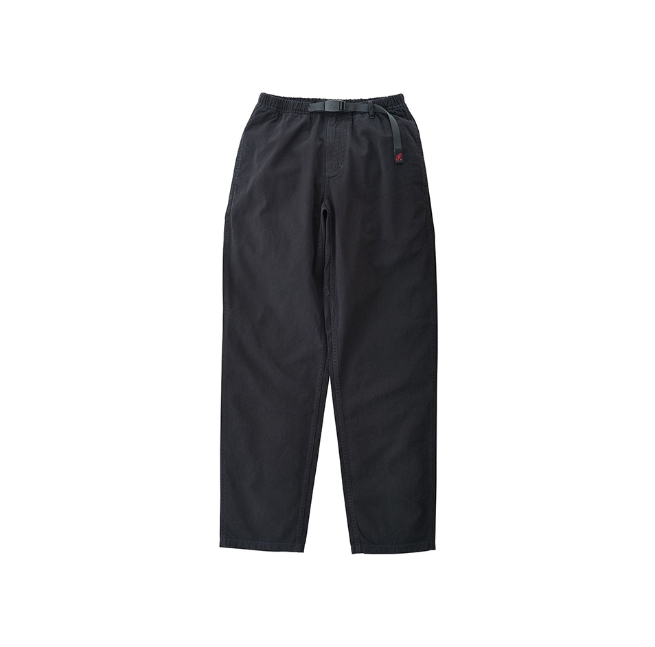 The Gramicci Pant by Gramicci is a pair of black casual pants made from organic cotton, featuring an elastic waistband, adjustable belt, two side pockets, and visible stitching—ideal for outdoor activities.