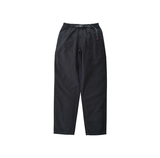 The Gramicci Pant by Gramicci is a pair of black casual pants made from organic cotton, featuring an elastic waistband, adjustable belt, two side pockets, and visible stitching—ideal for outdoor activities.