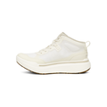 The AHNU M Sequence Mid in white is a high-top sneaker with a minimalistic design and a thick sole made from PEBA foam, providing enhanced comfort and support.