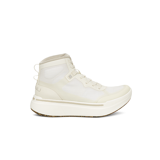 Introducing the AHNU M Sequence High: a high-top white sneaker with a thick sole, featuring innovative PEBA foam for ultimate comfort. Its sleek lace-up design and pull tab create a stylish blend of advanced technology and modern aesthetics.