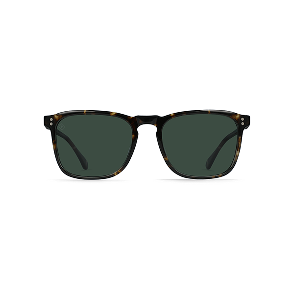 Raen Optics' Wiley sunglasses feature a lightweight tortoiseshell frame and dark green polarized lenses in a retro square silhouette, ideal for men. Front view.