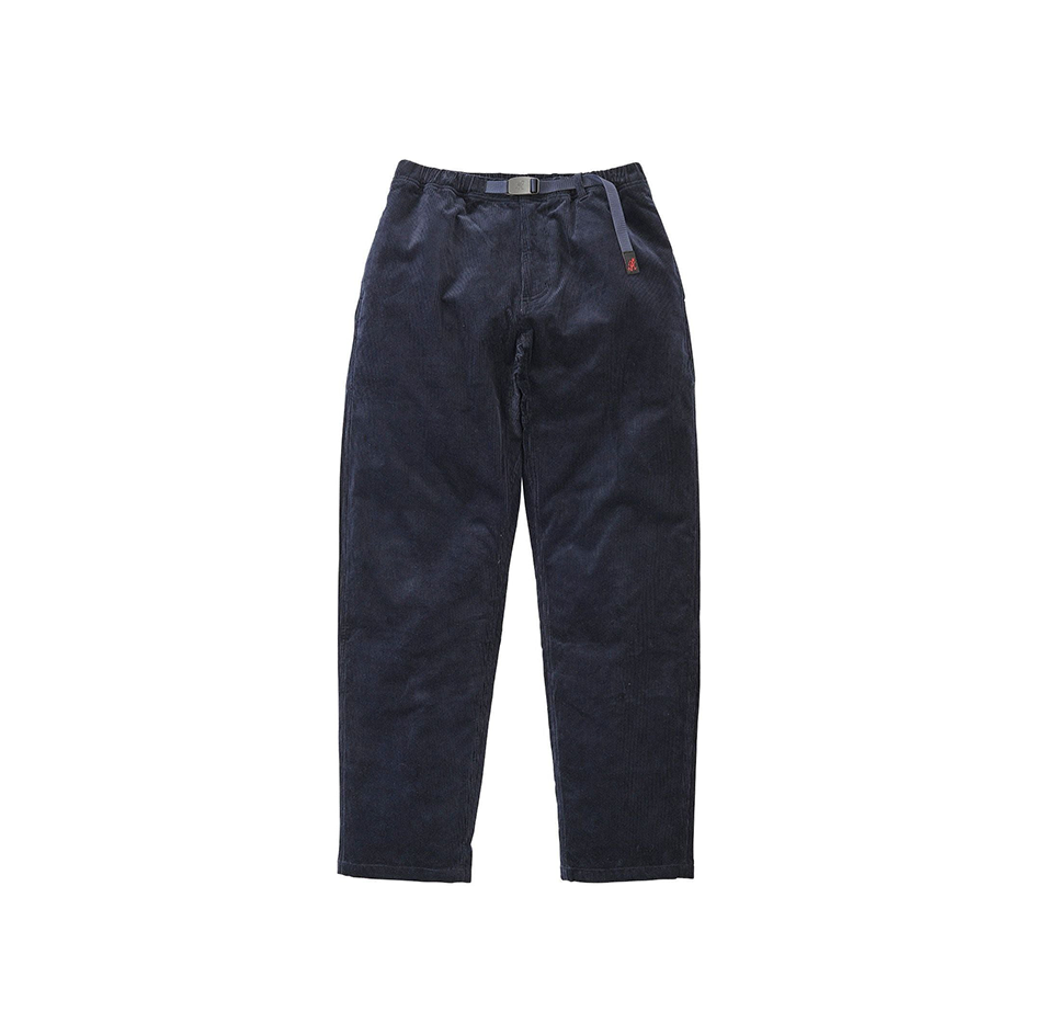 Dark blue Corduroy Gramicci Pant with a relaxed fit and straight-leg design, highlighted by a black adjustable belt, set against a white background.