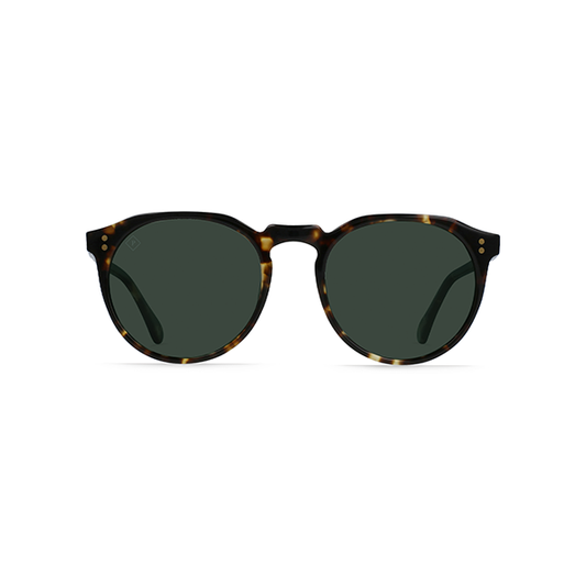 Raen Optics' Remmy 52 sunglasses in Brindle Tortoise feature a polished champagne zyle acetate frame with green Polarized CR-39 lenses, offering an elegant and stylish retro design.