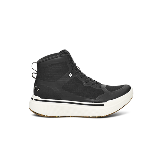 The AHNU M Sequence High, Black is a black high-top athletic shoe with a white sole. It features laces and a heel pull tab with rocker geometry for smoother transitions.