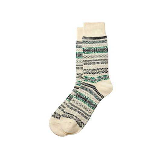 Jacquard Crew Socks "Fairisle", White Pattern