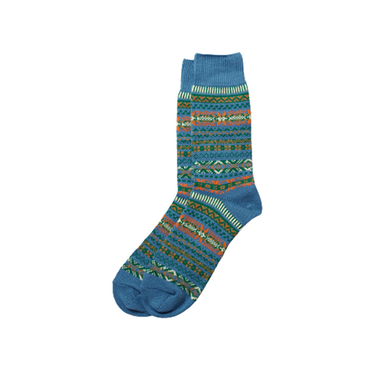 Jacquard Crew Socks "Fairisle", Blue Pattern