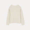 The Vetla Sweater by Aiayu, a cream-colored knit made from soft Highland Wool, features ribbed cuffs and hem and is laid flat against a white background.