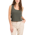 A person is wearing a Women's Sweater Tank by Dockers in olive green with beige pants, standing against a plain white background.