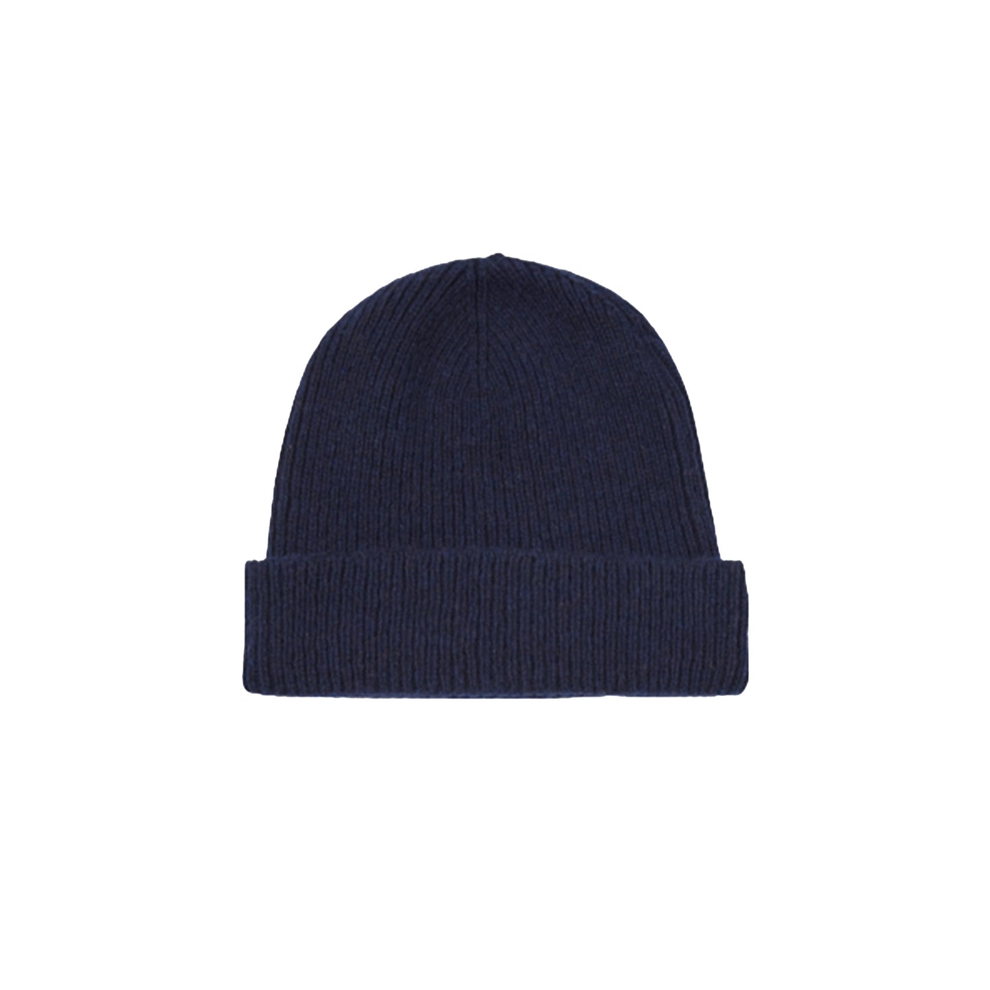 The Universal Works Wool Cashmere Watch Cap in navy features a folded brim against a white background.