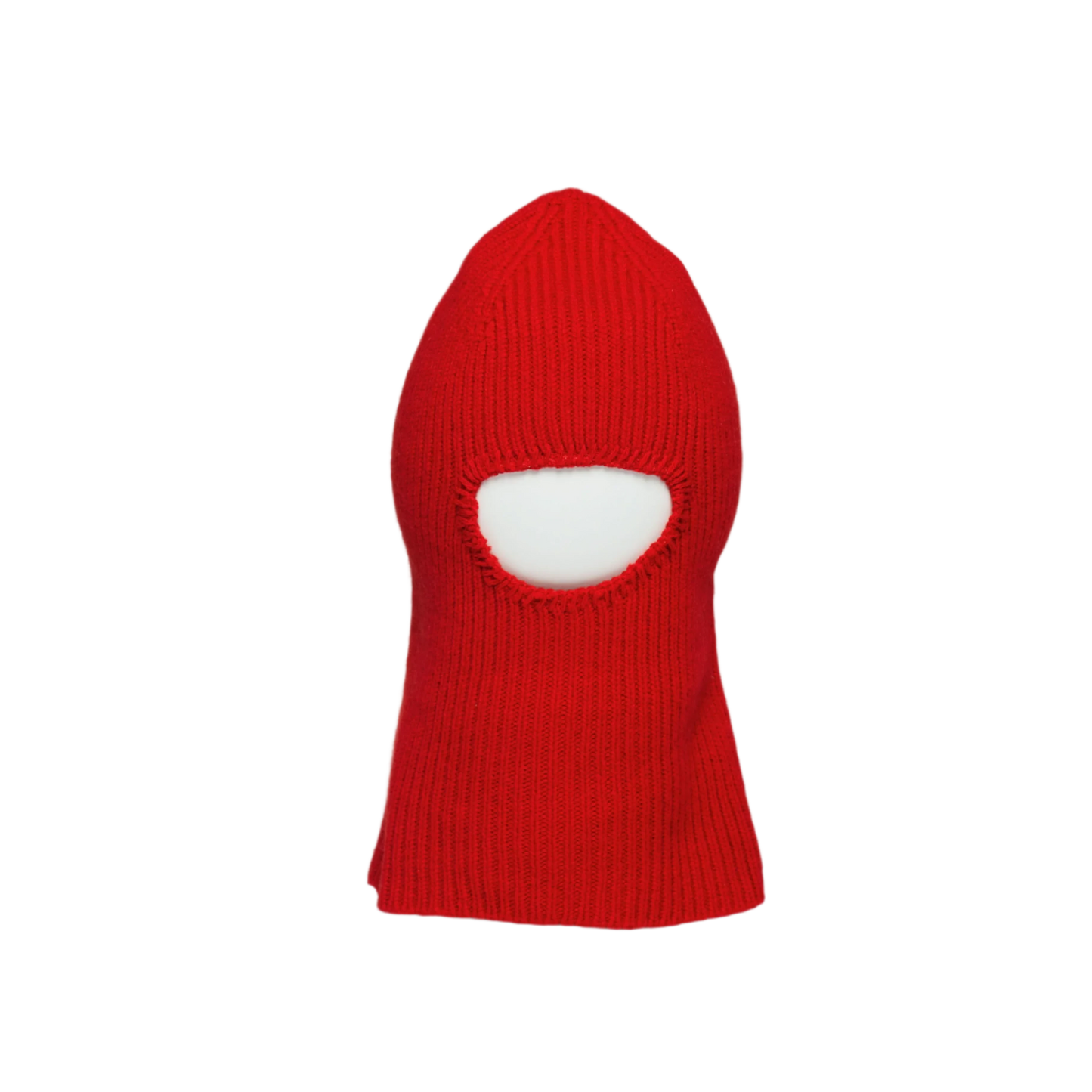 This limited edition Le Bonnet Balaclava is meticulously crafted from luxurious merino wool in a vibrant red hue. It features a single oval opening for the face and is beautifully showcased on a white background.