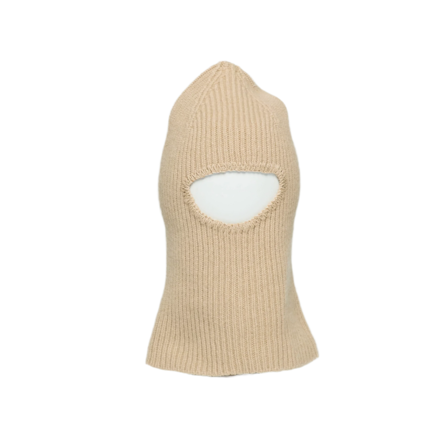 Le Bonnet presents a limited edition beige balaclava, meticulously crafted from luxurious cashmere, featuring a single large face opening, set against a plain background.