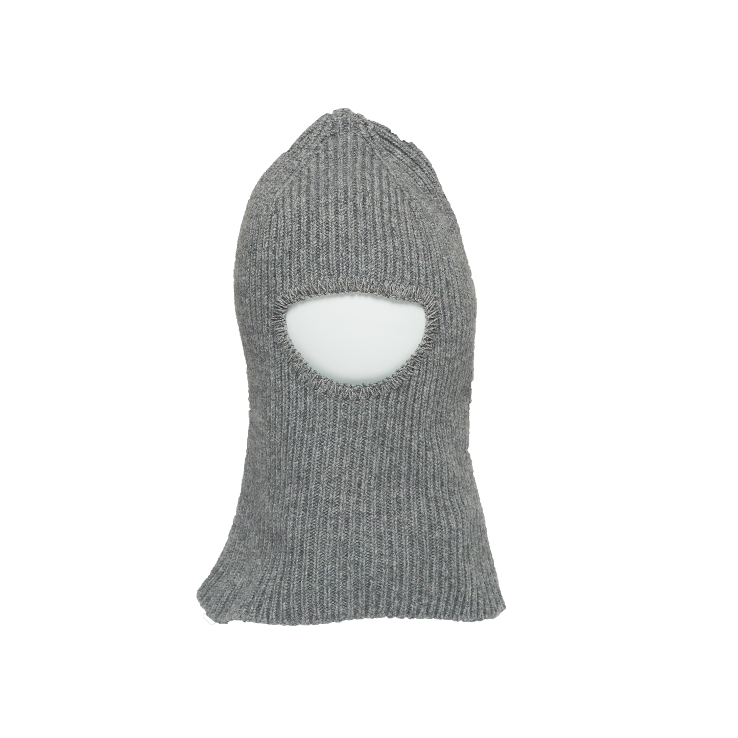 The limited edition gray Balaclava by Le Bonnet, crafted from soft Merino wool, features eye and mouth openings and is elegantly displayed against a plain white background.