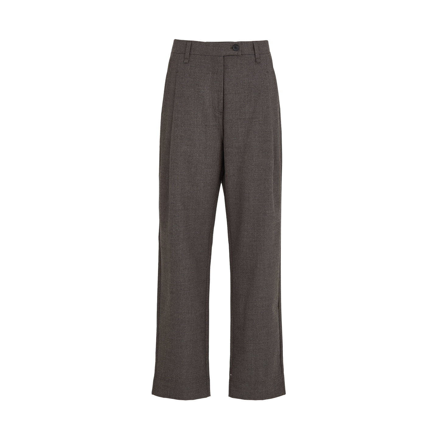 The Balder Fine Wool Pant by Aiayu is a pair of gray trousers crafted from luxurious wool, featuring a button and zip closure at the waist.