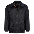 The Barbour M Bedale Wax Jacket in Navy, featuring a corduroy collar, front pockets, and a plaid inner lining, is shown.