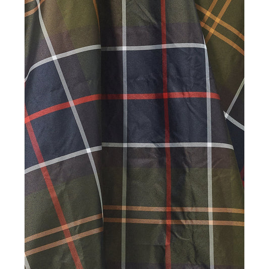 Close-up of the Barbour Tartan Showerproof Poncho, featuring a classic tartan pattern with dark green, white, red, and dark blue lines.