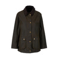 The Acorn Wax Jacket by Barbour is a dark green cotton jacket with a corduroy collar, Barbour tartan lining, front buttons, and two large pockets.