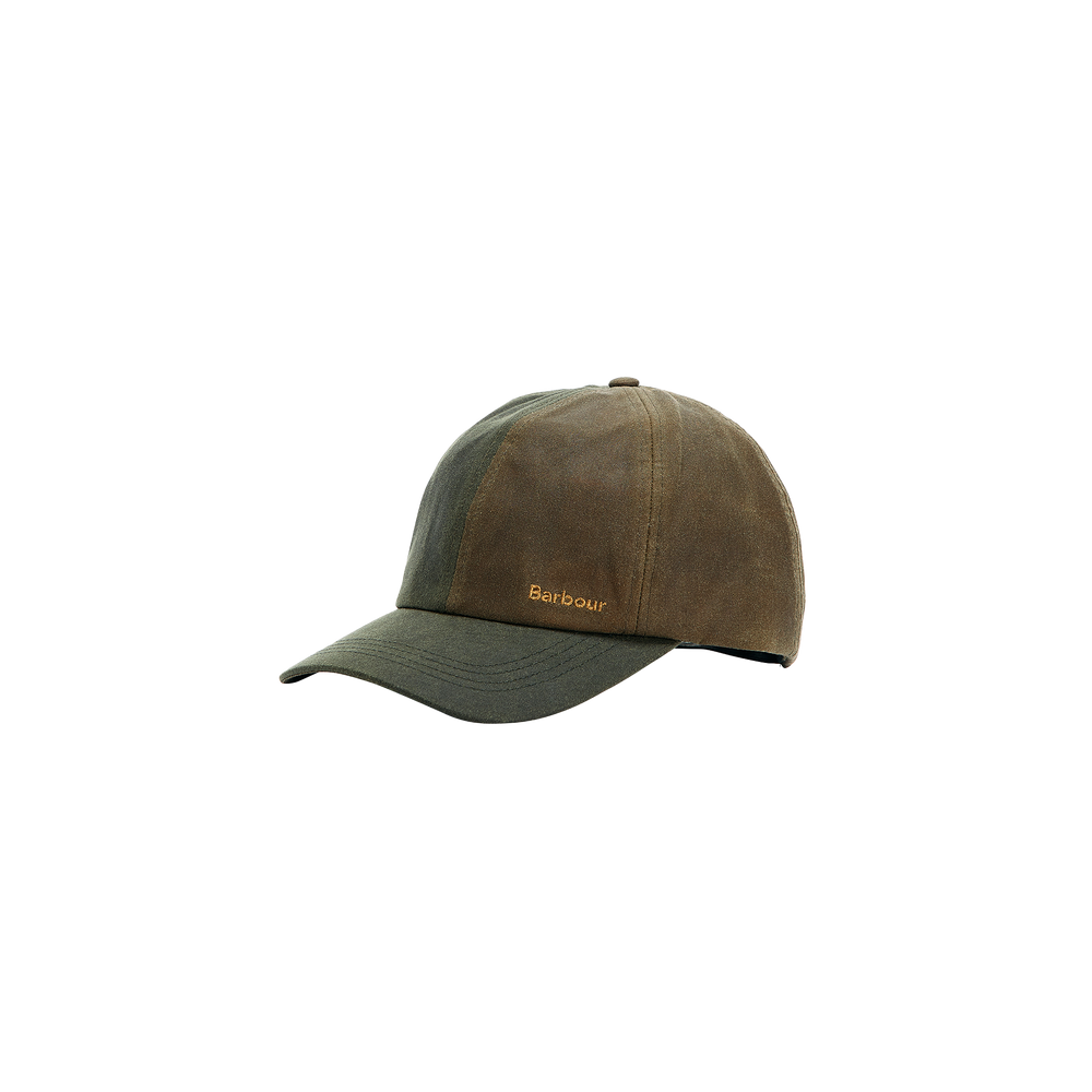 The Beauly Waxed Cap by Barbour is a two-tone brown and green baseball cap, featuring the brand name embroidered in yellow on the side and crafted from water-resistant waxed cotton.