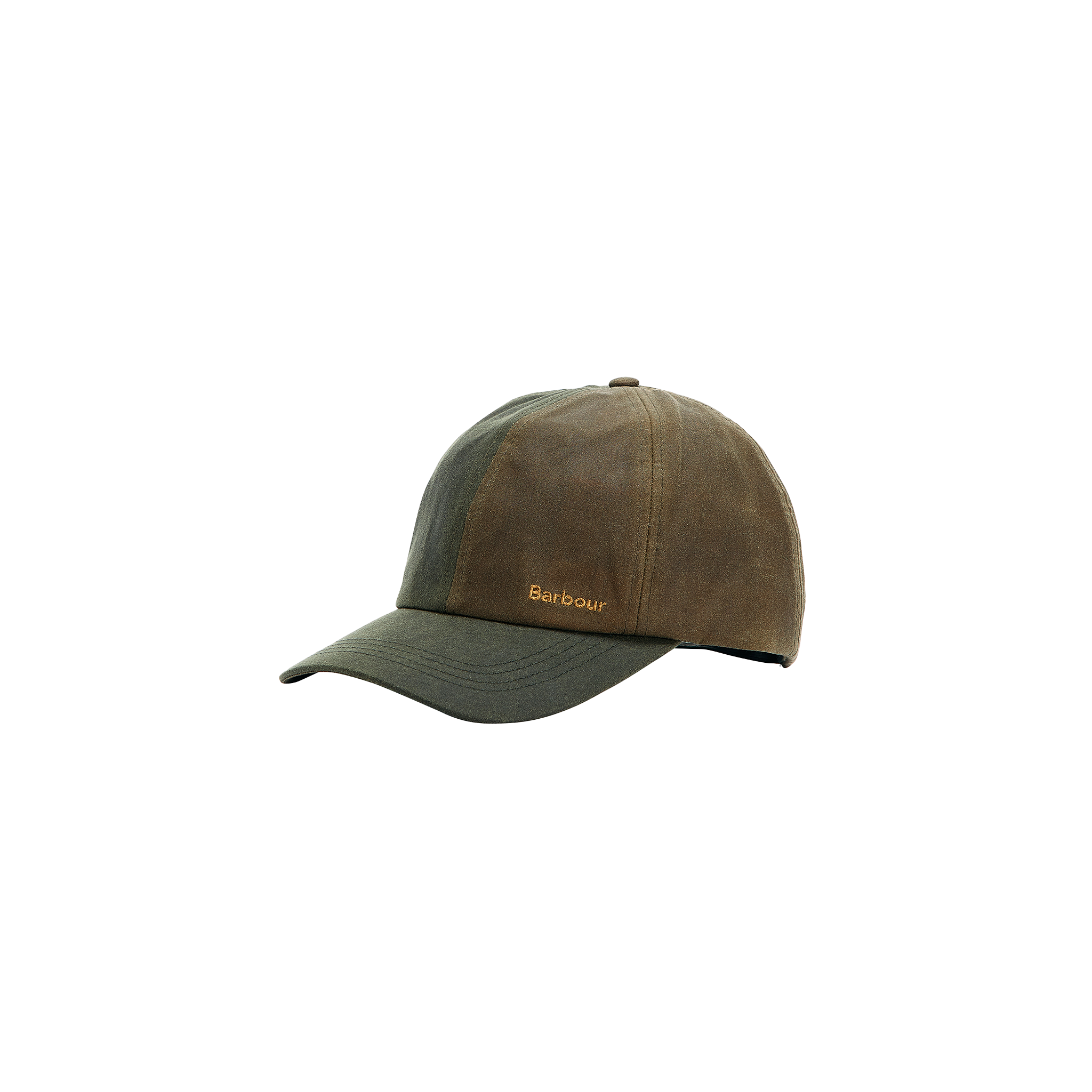 The Beauly Waxed Cap by Barbour is a two-tone brown and green baseball cap, featuring the brand name embroidered in yellow on the side and crafted from water-resistant waxed cotton.