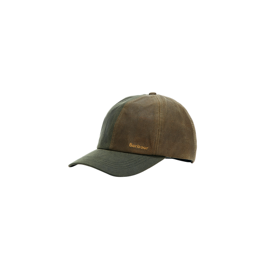 The Beauly Waxed Cap by Barbour is a two-tone brown and green baseball cap, featuring the brand name embroidered in yellow on the side and crafted from water-resistant waxed cotton.