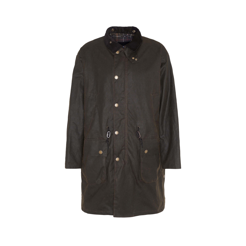 Dark green M Bedale Wax Trench Coat by Barbour with a high collar, front snap buttons, and two large front pockets, featuring a tartan lining and displayed against a white background.