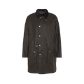 Dark green M Bedale Wax Trench Coat by Barbour with a high collar, front snap buttons, and two large front pockets, featuring a tartan lining and displayed against a white background.