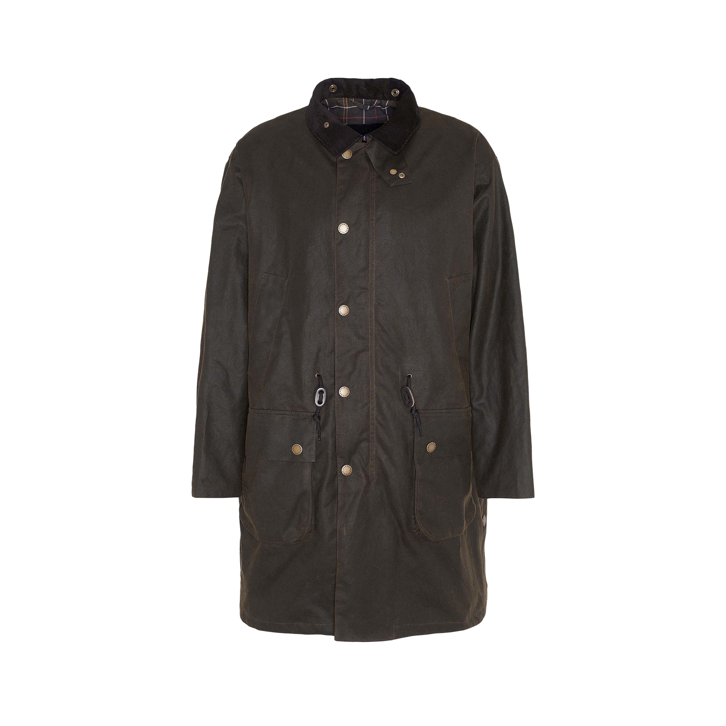 Dark green M Bedale Wax Trench Coat by Barbour with a high collar, front snap buttons, and two large front pockets, featuring a tartan lining and displayed against a white background.