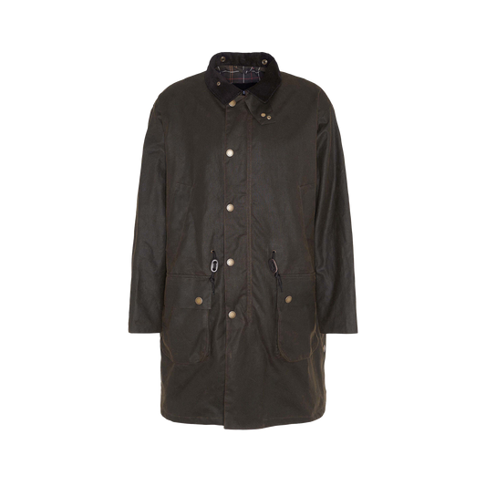 Dark green M Bedale Wax Trench Coat by Barbour with a high collar, front snap buttons, and two large front pockets, featuring a tartan lining and displayed against a white background.