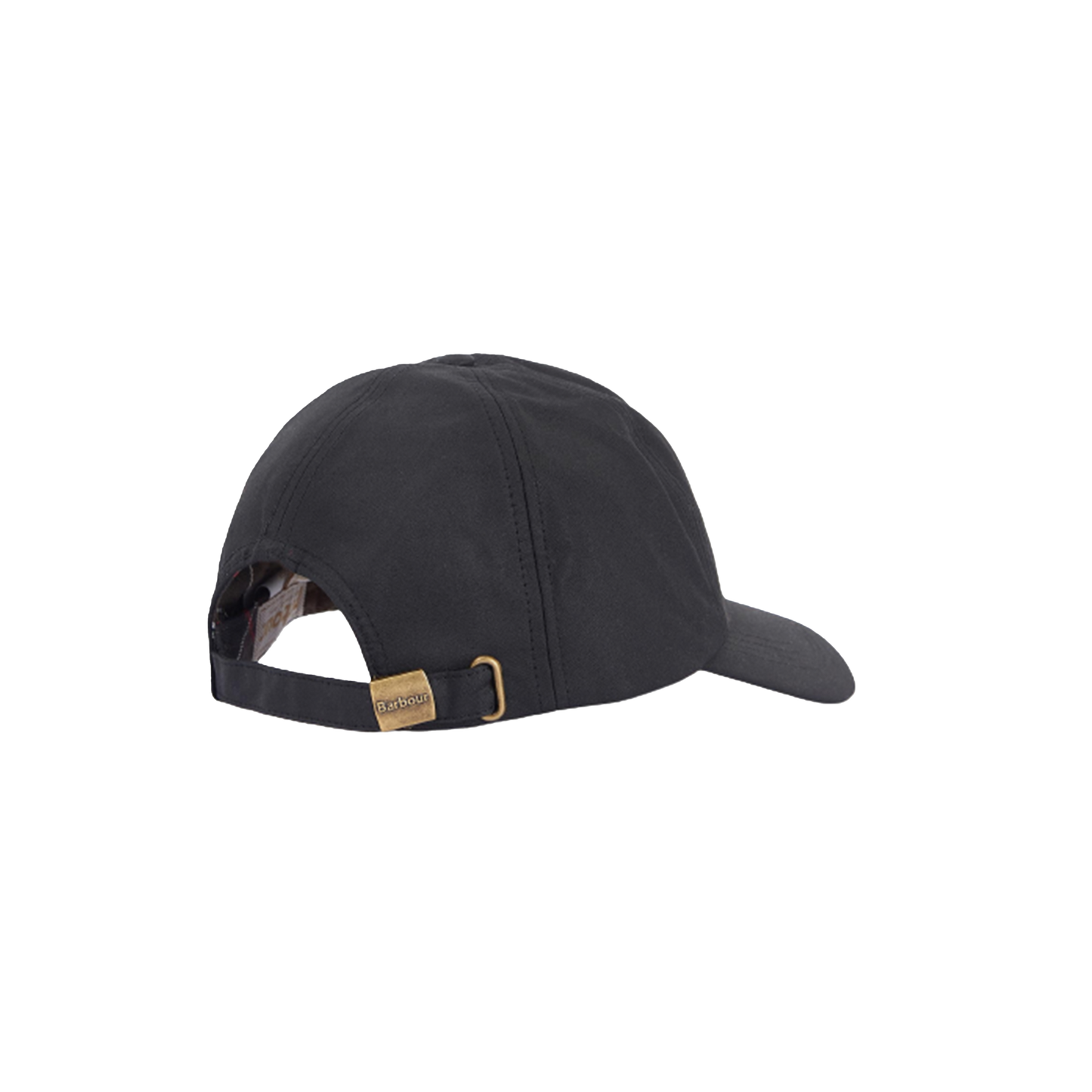 The Beslay Wax Sports Hat by Barbour is a black waxed cotton cap with a curved brim and an adjustable back strap, featuring Barbour detailing and a small metallic buckle.