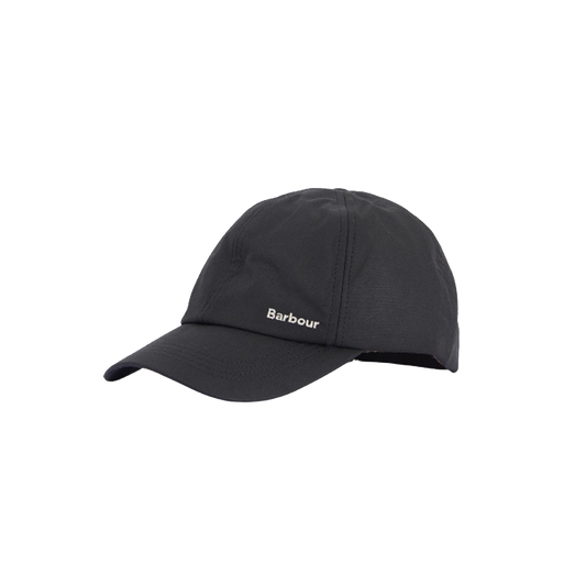 The Barbour Beslay Wax Sports Hat is a dark grey, water-resistant baseball cap made from waxed cotton, featuring a small, curved brim with signature Barbour detailing.