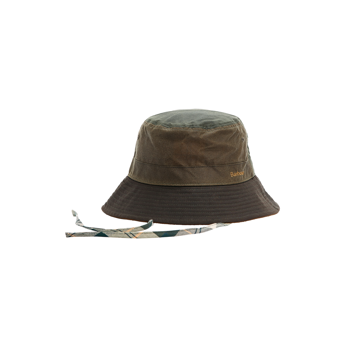 A green and brown Brackley Waxed Bucket Hat by Barbour, with a tie strap, lies on a white background. Crafted from waxed cotton, it features the word "Barbour" embossed on the side and a tartan lining for added style.