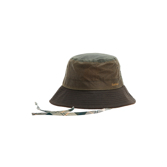 Introducing the Barbour Brackliey Waxed Bucket Hat: a two-toned, water-resistant accessory featuring dark green and brown colors, complete with a chin strap. This hat is ideal for versatile outdoor adventures.