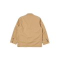 The Capitol Jacket by Universal Works is a loose-fitting beige design featuring buttoned cuffs and a notched lapel, made from recycled polyester. Shown from the back on a plain white background, this eco-friendly jacket combines style and sustainability.